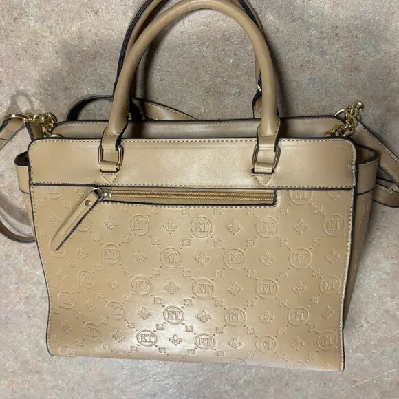Ellen Tracy Monogram Signature Collection Double Handle Satchel Tan Faux Leather - Picture 7 of 16